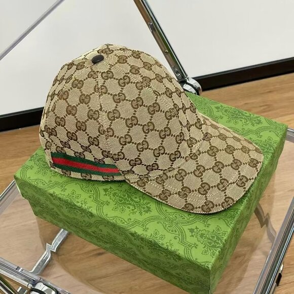🎍🎍Gucci Natural Monogram Striped-Trim Woven Baseball Cap - Picture 1 of 4